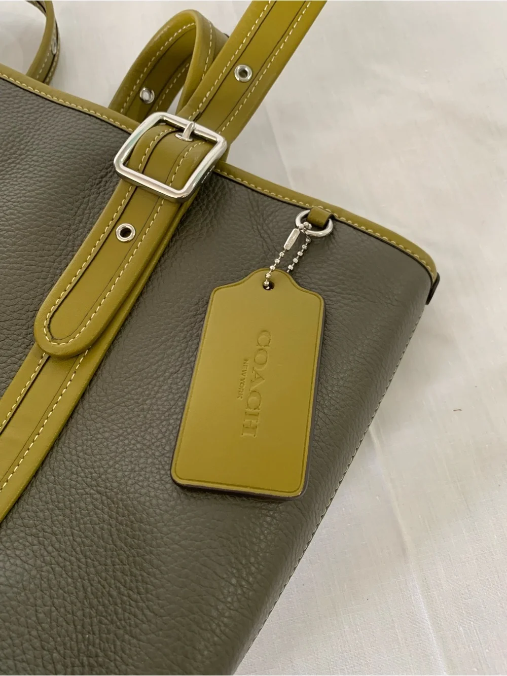 Coach Olive Green Leather Tote with Contrast Trim